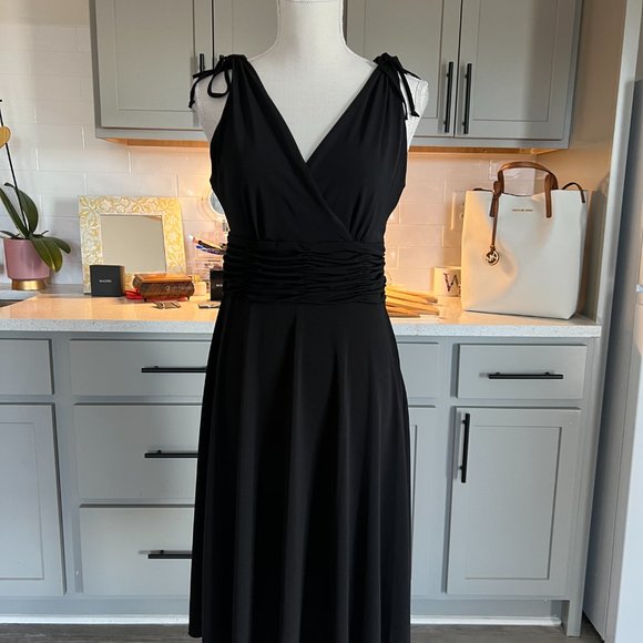 Little Black Dress with Shoulder Ties Cummerbund Waist Midi Length Size Small - Picture 6 of 9